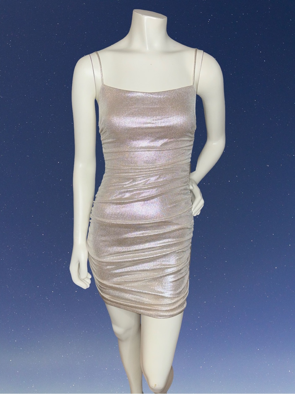 City Studio NWT Champagne Metallic Ruched Bodycon Mini Dress Size M